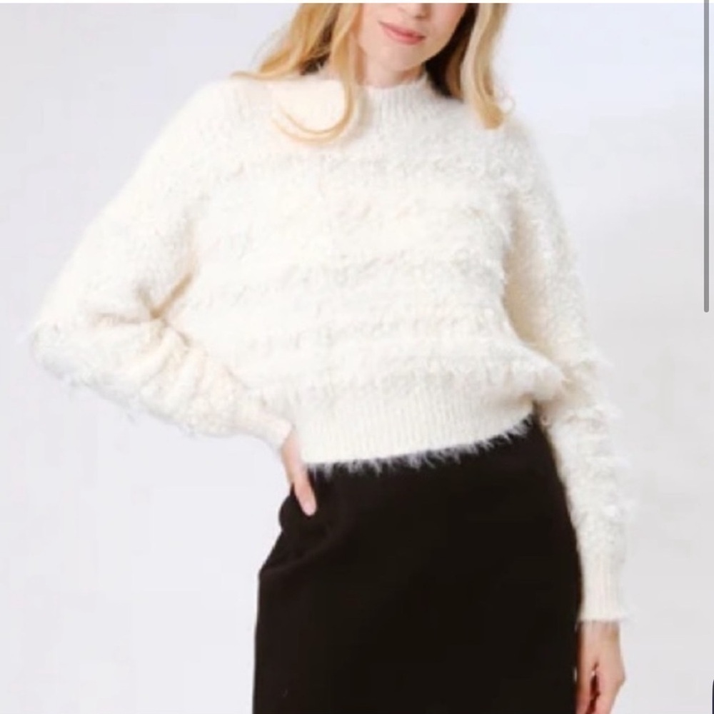 NWT Area Stars Mock Neck Long Sleeve Faux Fur Fringe Laila Sweater in Ivory